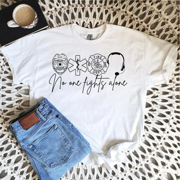No One Fights Alone Shirt, Thin Line First Responder Tee, Public Safety T-Shirt, Support First Responders Gift, Police Fire EMS Shirt